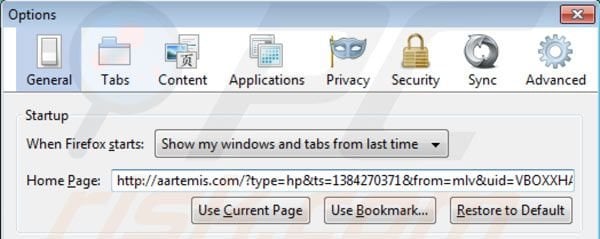 Suppression de la page d'accueil d'Aartemis dans Mozilla Firefox 