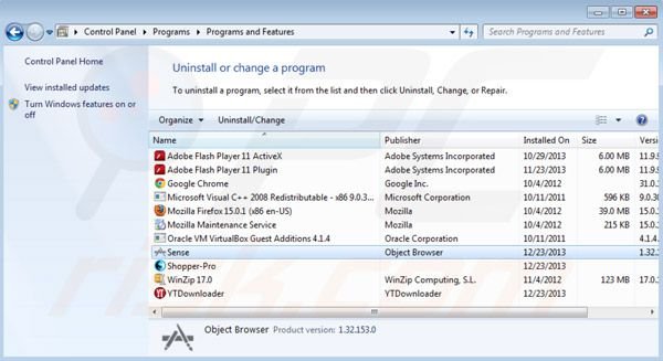 Désinstallation d'Ads by Sense dans le Panneau de Configuration