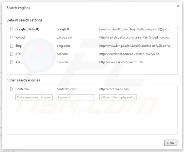 Suppression des paramètres du moteur de recherche par défaut de  contenko.com dans Google Chrome 
