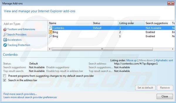 Suppression du moteur de recherche par défaut de contenko.com dans Internet Explorer 
