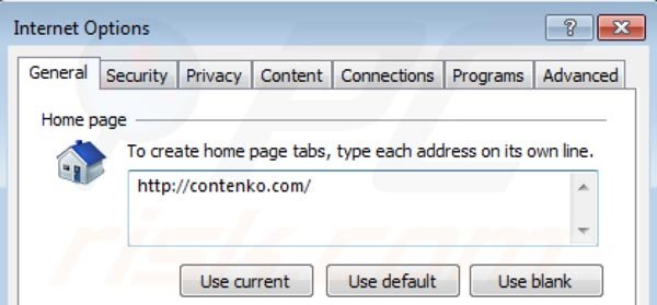 Suppression de la page d'accueil de Contenko.com dans Internet Explorer 