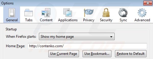 Suppression de la page d'accueil de contenko.com dans Mozilla Firefox homepage