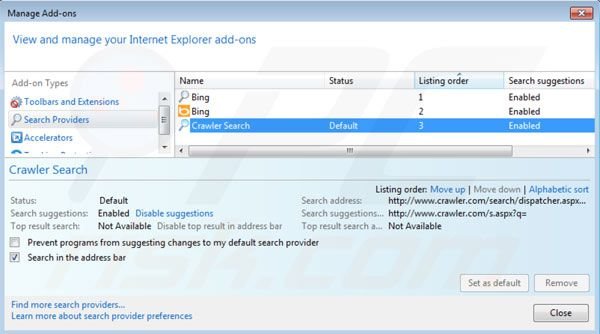 Suppression du moteur de recherche par défaut de crawler.com dans Internet Explorer 