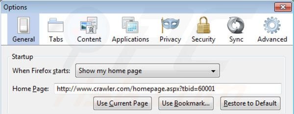 Suppression de la page d'accueil de crawler.com dans Mozilla Firefox 
