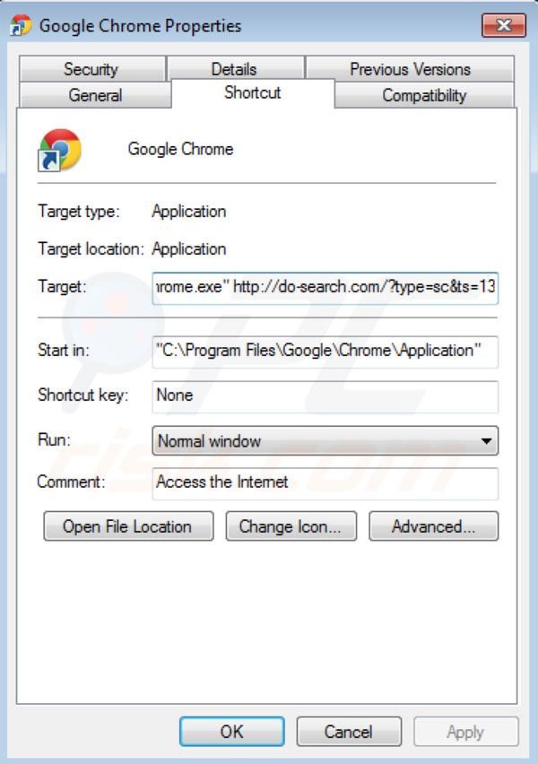 Suppression du raccourci cible de Do-search.com dans Google Chrome 