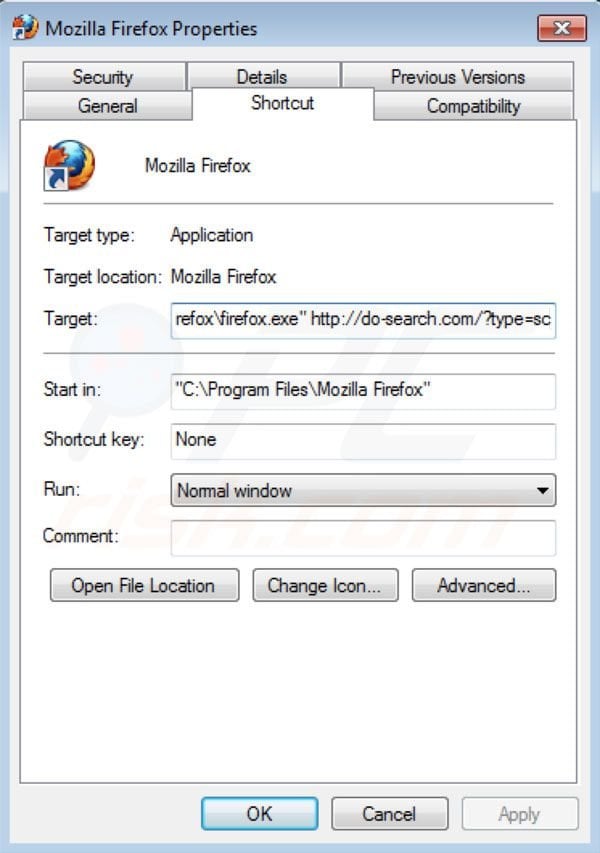 Suppression du raccourci cible de Do-search.com dans Mozilla Firefox shortcut target