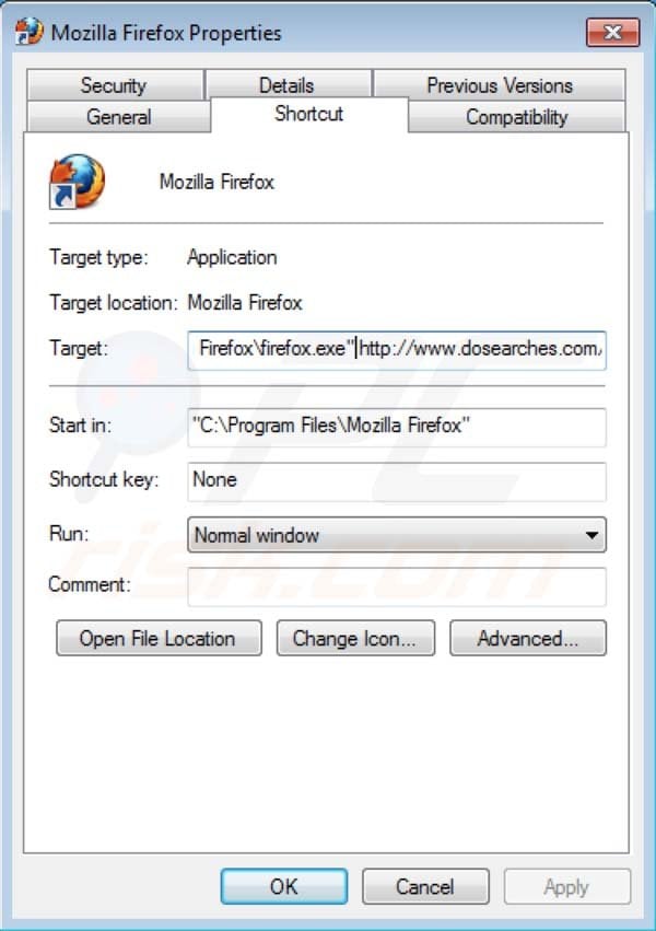 Suppression du raccourci ciblé vers de Dosearches removal dans Mozila Firefox