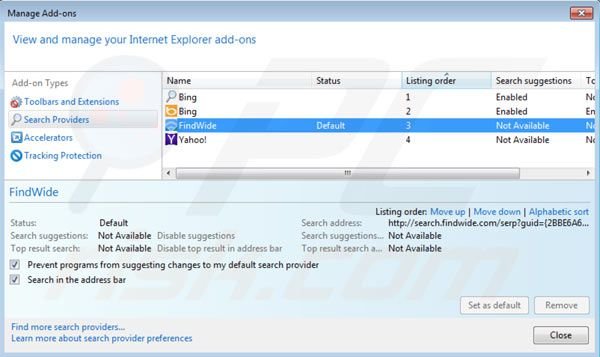 Supprimer les paramètres du moteur de recherche de search.findwide.com dans Internet Explorer 