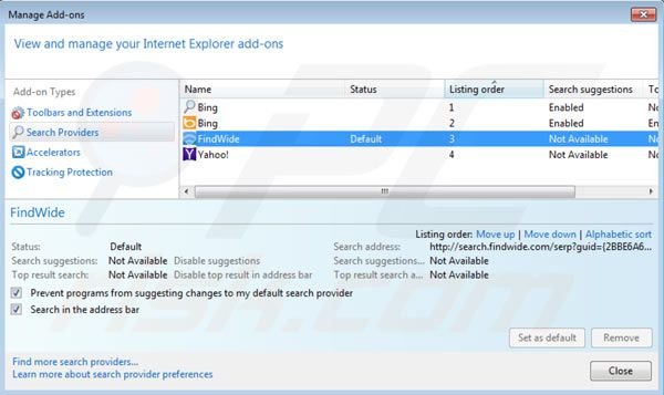 Supprimer les paramètres du moteur de recherche de search.findwide.com dans Internet Explorer 