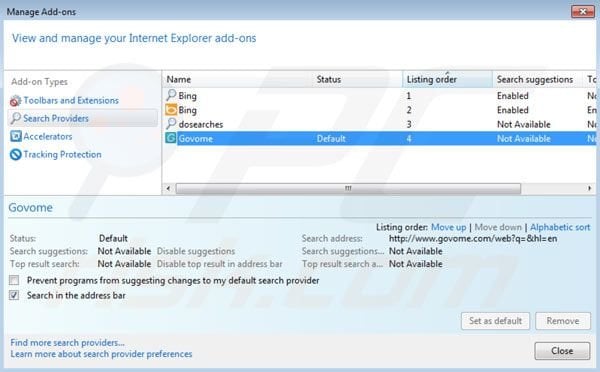 Supprimer les paramètres du moteur de rechercher par défaut de  Govome dans Internet Explorer 