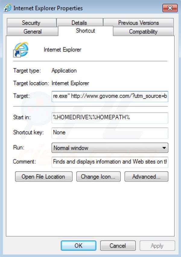 Suppression du raccourci cible de Govome dans Internet Explorer shortcut target