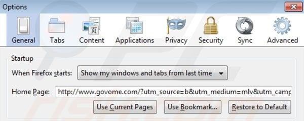 Supprimer la page d,accueil de Govome dans Mozilla Firefox 