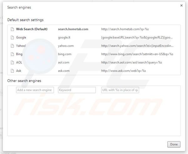 Suppression des paramètres du moteur de recherche par défaut de Hometab dans Google Chrome 