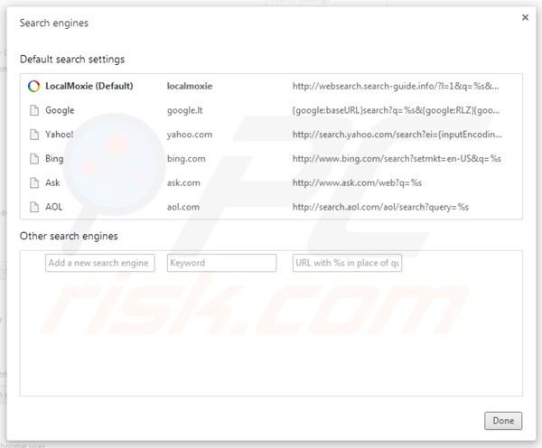 Suppression des paramètres du moteur de recherche par défaut de  Localmoxie dans Google Chrome