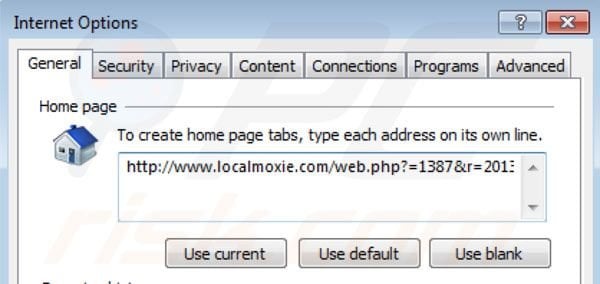 Suppression de la page d'accueil de Localmoxie dans Intenret Explorer homepage