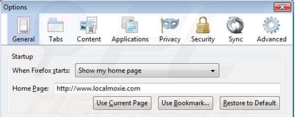 Suppression de la page d'accueil de Localmoxie dans Mozilla Firefox 