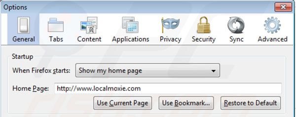 Suppression de la page d'accueil de Localmoxie dans Mozilla Firefox 