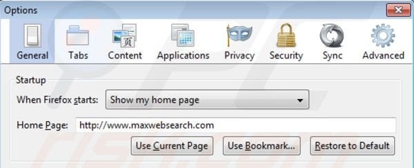 Suppression de la page d'accueil de maxwebsearch.com dans Mozilla Firefox 
