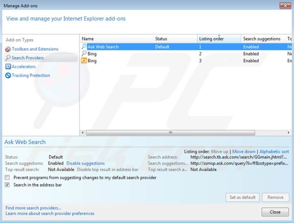 Suppression des paramètres du moteur de recherche par défaut de la barre d'outils de Mindspark dans Internet Explorer 