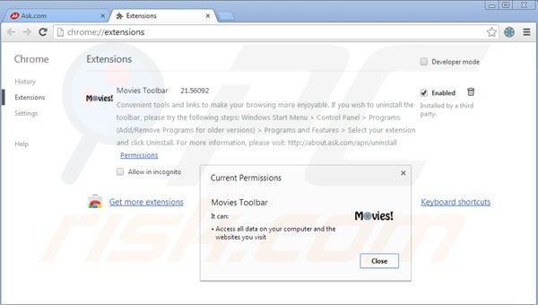 Suppression des extensions de la barre d'outils Movies dans Google Chrome 