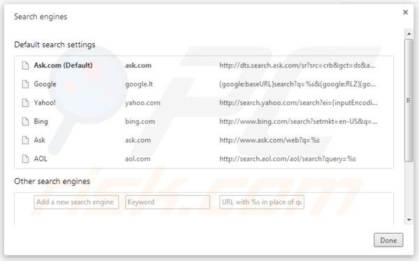 Suppression des paramètres du moteur de recherche par défaut de la barre d'outils Movies dans Google Chrome