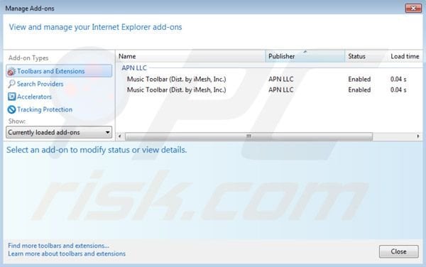 Suppression des extensions de la barre d'outils Music toolbar dans Internet Explorer 