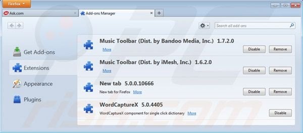 Suppression des extensions de la barre d'outils Music dans Mozilla Firefox 