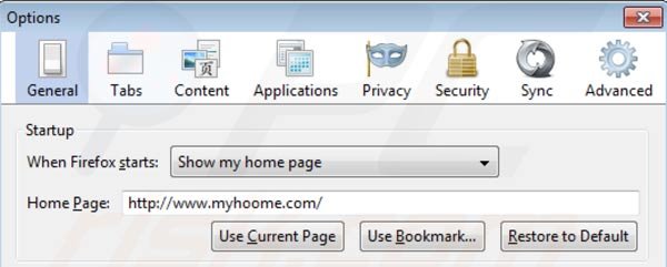 Suppression de la page d'accueil de myhoome.com dans Mozilla Firefox étape 2