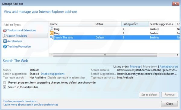 Suppression du moteur de recherche par défaut de mystart.com dans Internet Explorer 