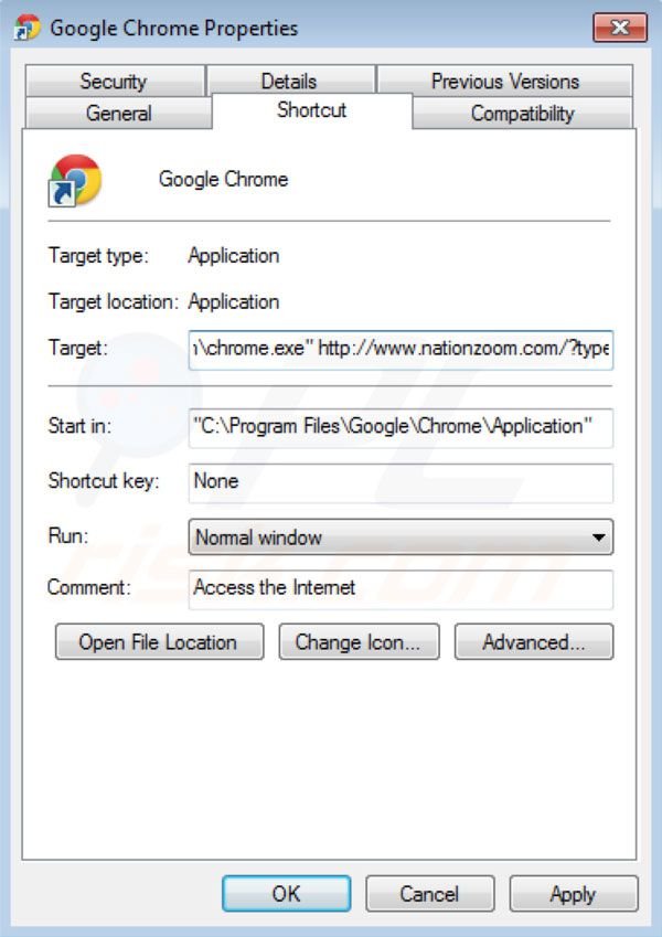 Suppression du raccourci de nationzoom.com dans Google Chrome 