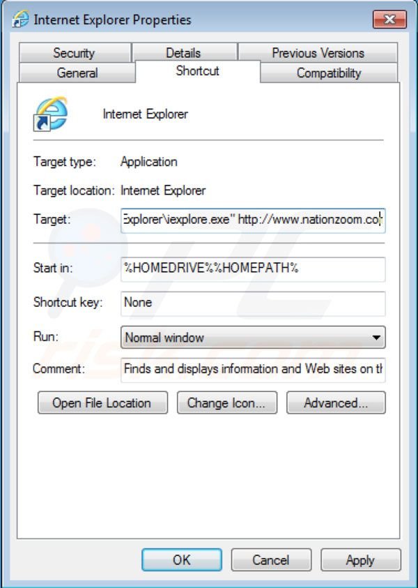 Suppression du raccourci cible de Nationzoom.com dans Internet Explorer 