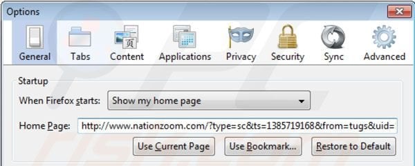 Suppression de la page d'accueil de nationzoom.com dans Mozilla Firefox 