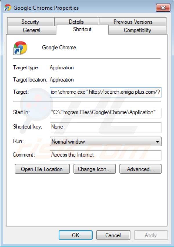 Suppression du raccourci cible de Omiga plus dans Google Chrome 