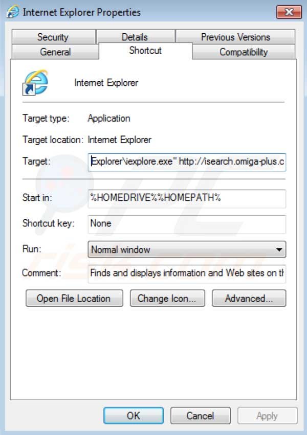 Suppression du raccourci cible du virus de redirection vers isearch Omiga plus dans Internet Explorer 