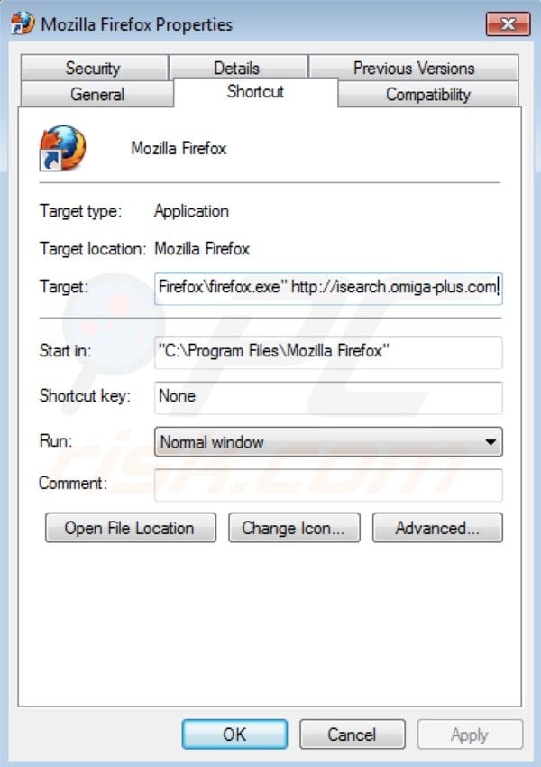 Suppression du raccourci cible de Omiga plus dans Mozilla Firefox 