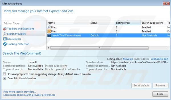 Suppression du moteur de recherche par défaut de search.ominent.com dans Internet Explorer