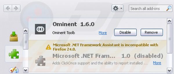 Suppression des extensions de la barre d'outils Ominent dans Mozilla Firefox