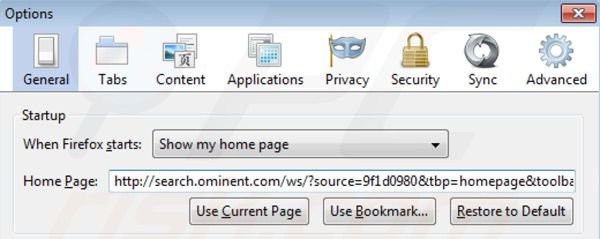 Suppression de la page d'accueil de search.ominent.com dans Mozilla Firefox 