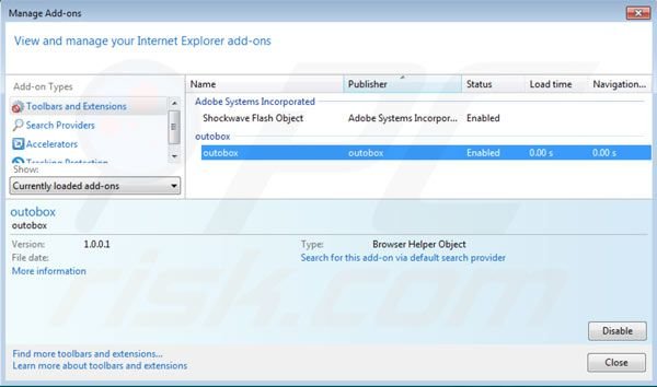 Suppression des extensions d'Outobox dans Internet Explorer étape 2