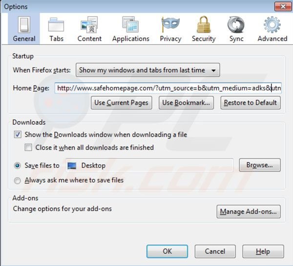 Safehomepage homepage in Mozilla Firefox