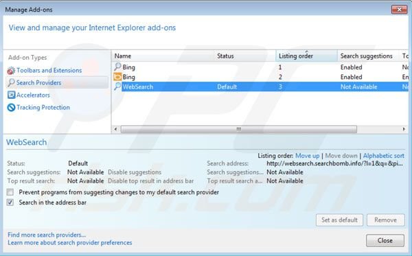 Suppression des paramètres du moteur de recherche par défaut de websearch.searchbomb.info dans Internet Explorer