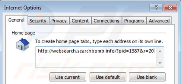 Suppression de la page d'accueil de websearch.searchbomb.info  dans Internet Explorer