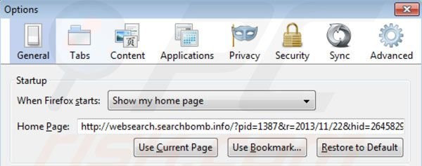 Suppression de la page d'accueil de websearch.searchbomb.info dans Mozilla Firefox 