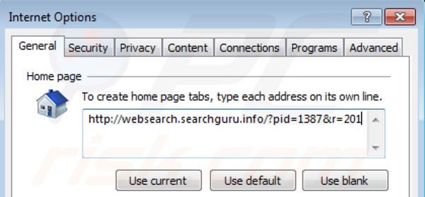 Suppression de la page d'accueil de websearch.searchguru.info dans Internet Explorer 