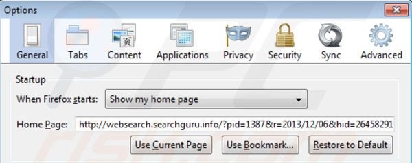Suppression de la page d'accueil de websearch.searchguru.info dans Mozilla Firefox 
