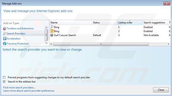 Suppression des paramètres par défaut du moteur de recherche Surf Canyon dans Internet Explorer 