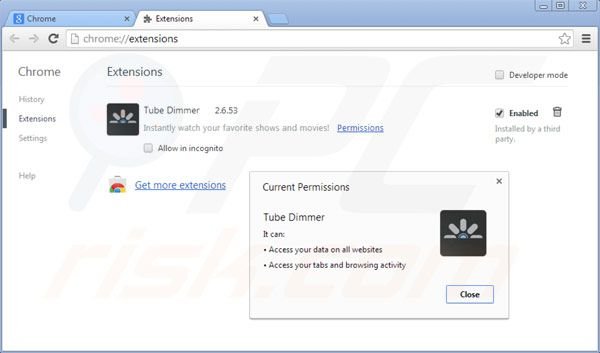 Suppression de Tube Dimmer dans Google Chrome étape 2