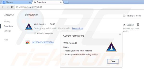 Suppression de Websteroids dans Google Chrome étape 2