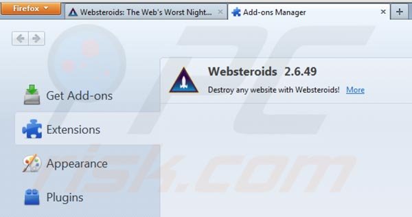 Suppression de Websteroids dans Mozilla Firefox étape 2