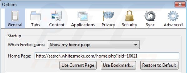 Suppression de la page d'accueil de search.whitesmoke.com dans Mozilla Firefox 